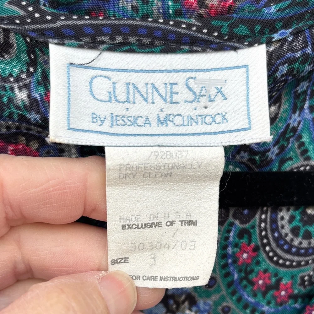 GUNNE SAX JESSICA MCCLINTOCK BLUE WHITE LACE Paisley Long Sleeve Dress-3-VINTAGE